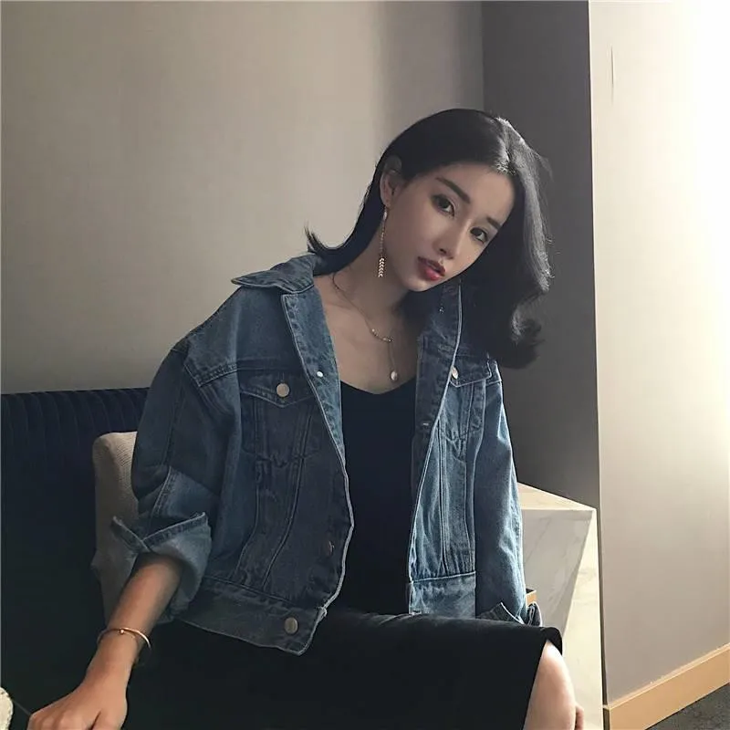 Винтажные однотонные джинсы джинсовая куртка для женщин Свободные повседневные