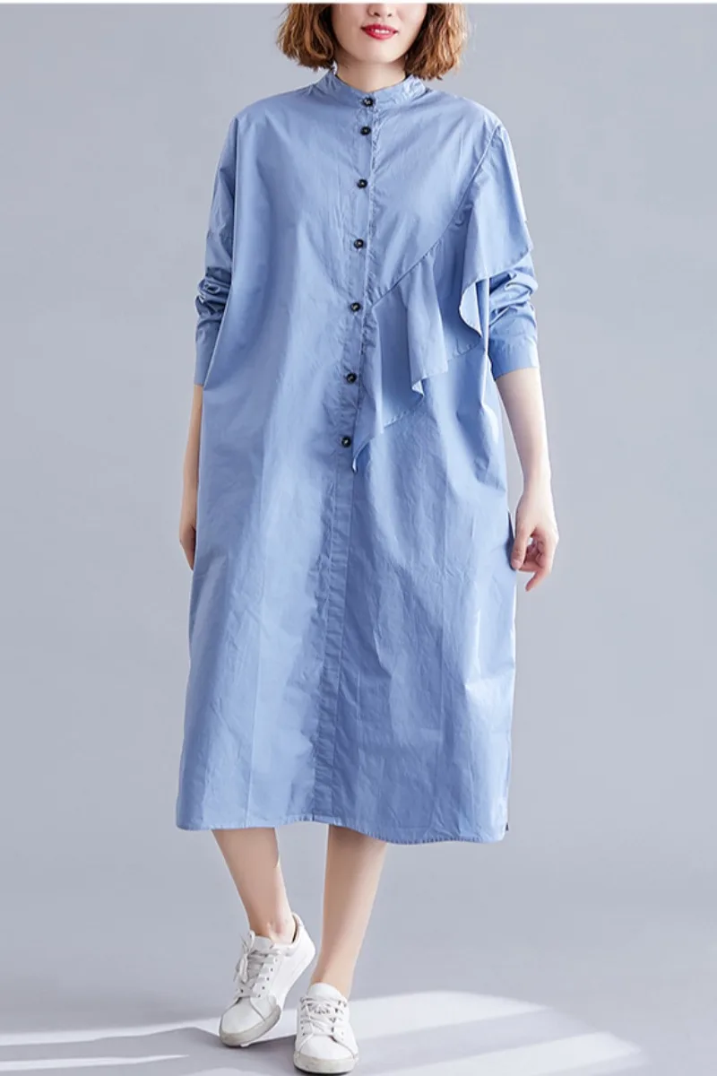 

Large Size Loose Dress Tibetan Meat Solid Color Women's Mid-Length Dress Was Thin 2020 New Long-Sleeved Single-Breasted A655