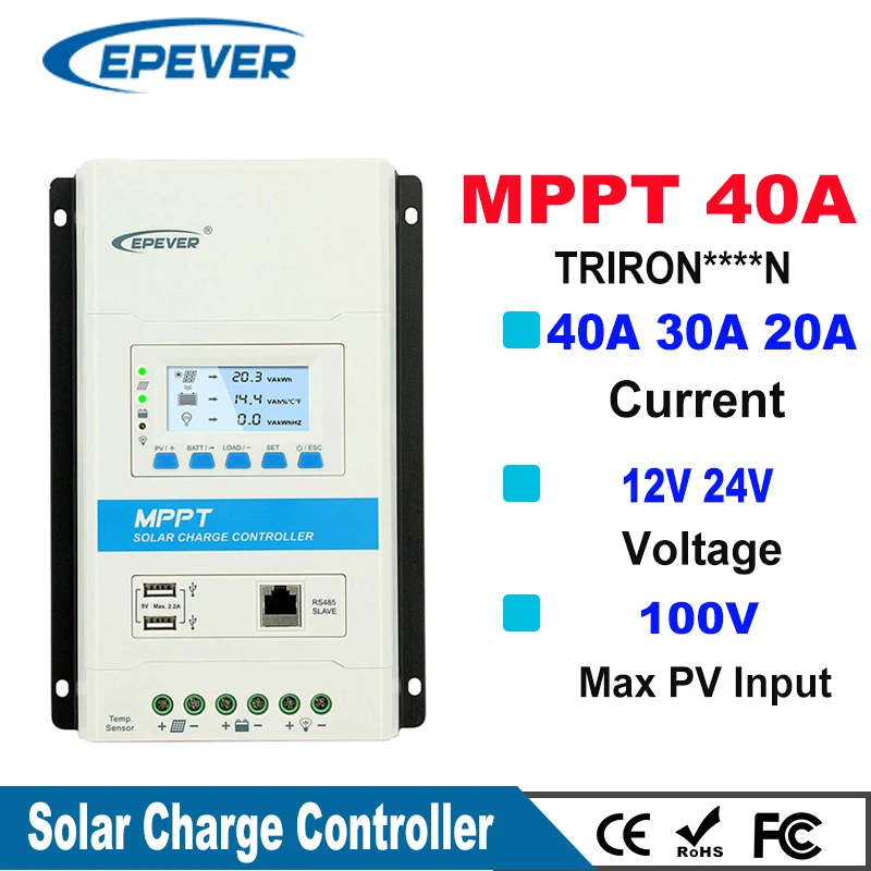 

Epever 40A 30A 20A TRIRON Modular MPPT Solar Charge Controller 12V/24VDC Charger Regulator with Dual USB and Black-lighting LCD