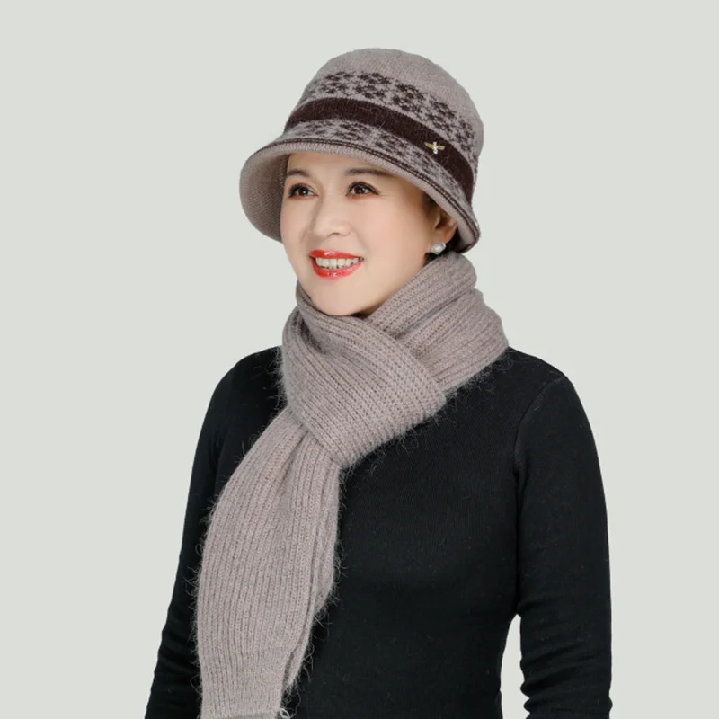Winter Mom Hat and Scarf Set for Women Rabbit Fur Scarves Knitted Bucket Hats Grandma Gift | Аксессуары для одежды