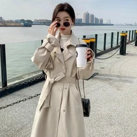 autumn mid length women beige trench coat british style loose fashion double breasted casual long sleeve windbreaker outerwear