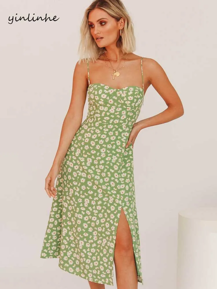 Женское платье на бретельках yinlinhe с принтом маргариток эластичное пляжное