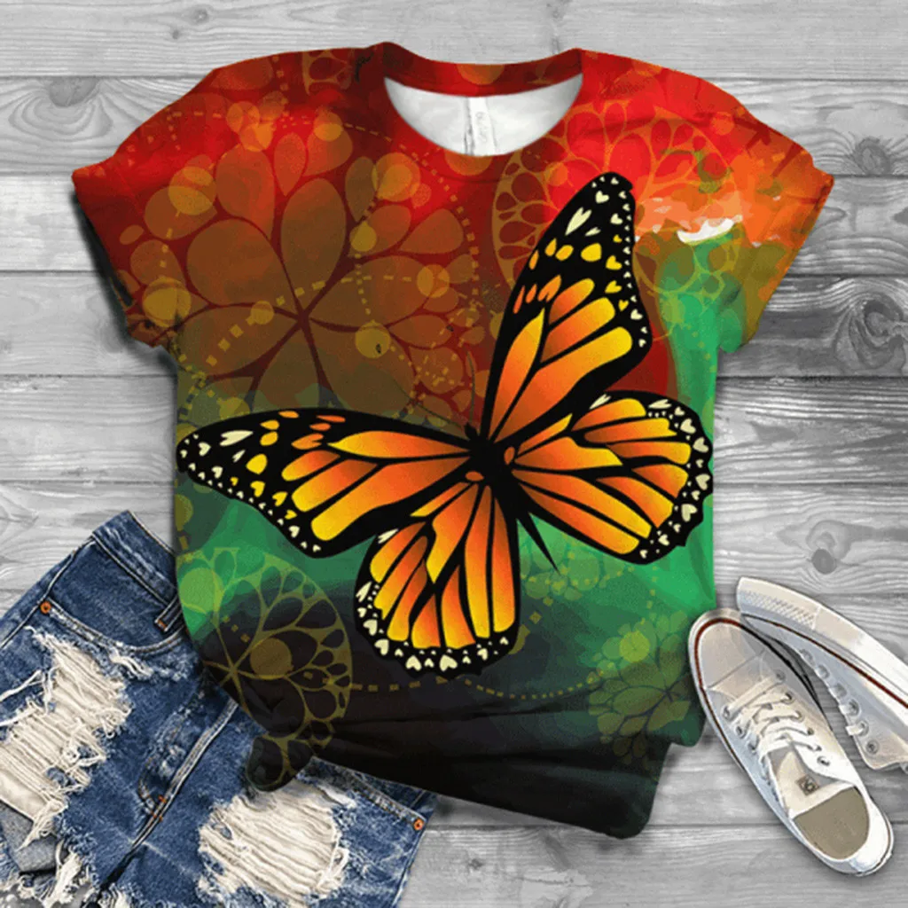 

Plus Size Women Short Sleeve 3d Butterfly Printed O-neck Tops Tee Blouse