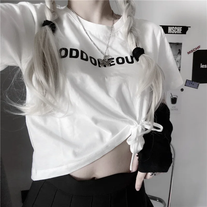 

Cotton White T-Shirt Female Summer Korean Version Of Ins Retro Simple Letters Short Cropped Bottoming Shirt Casual Tops