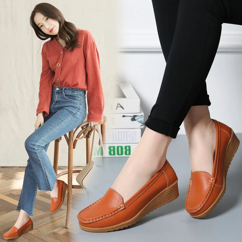 

Women kitten heel shoes casual shoes concise leather travel shoes pregnant woman shoes rubber sole loafer