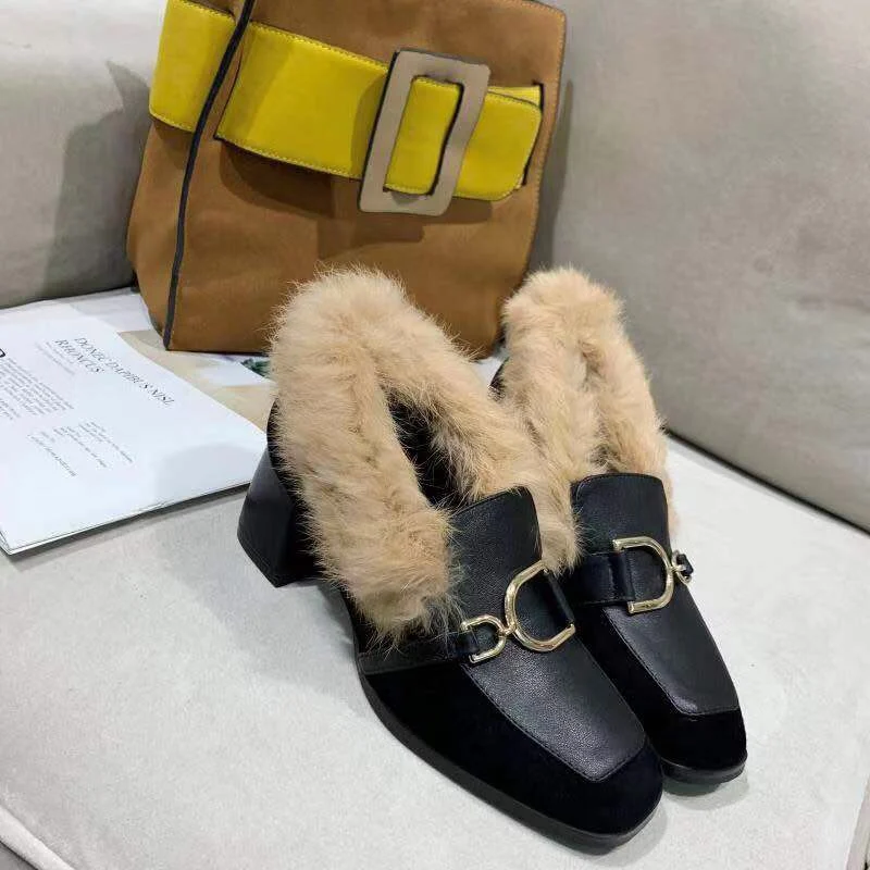 Популярные стильные туфли на высоком каблуке из натуральной кожи с кроличьим