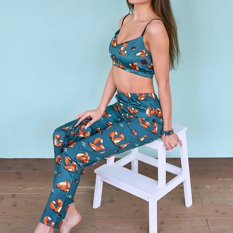 

WENYUJH Pattern Pajama Set Women V Neck Spaghetti Strap Print Pants Satin Sleepwear Set Sexy Nightwear Autumn Home Suit Sets