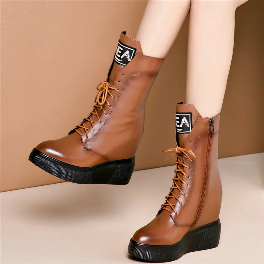 Punk Creepers Women Lace Up Genuine Leather Wedges High Heel Ankle Boots Female High Top Round Toe Fashion Sneakers Casual Shoes