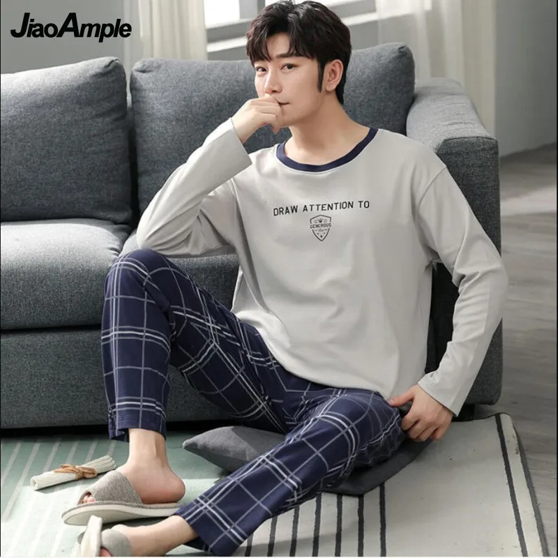 Men's Pajamas 2021 Autumn Winter Cotton Long-sleeved Trousers Pijamas Two-piece Male Sleepwear Loose Home Clothes Suit