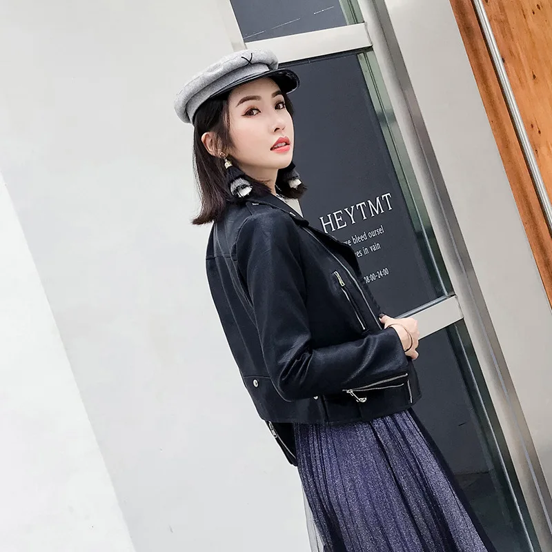 2021 Womens Spring Autumn PU Leather Jacket Short Korean Style Thin Locomotive Coat High Street Hipster Dating Sweet Cool Top
