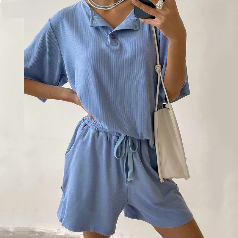 

2 Piece Sets Women O-Neck Button Shirts and Shorts Sets Summer Ladies Short Sleeve Top Loose Pants Sets Casual Femme Tracksuit