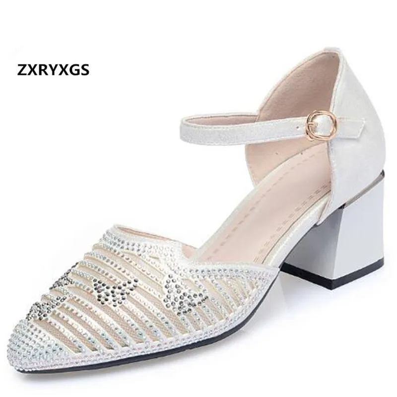 

Сандалии женские из микрофибры, Классическая сетчатая обувь со стразами, заостренный носок, на толстом каблуке, свадебные туфли, модные бос...