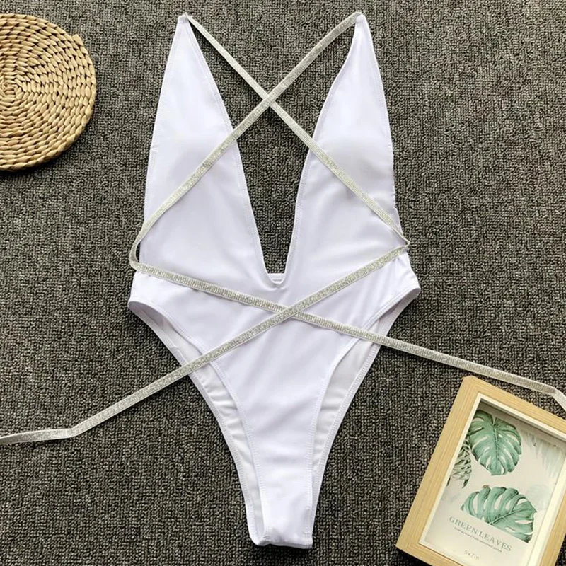 2020 блестящий длинный ремень вокруг глубокий v-образный Вырез Цельный купальник