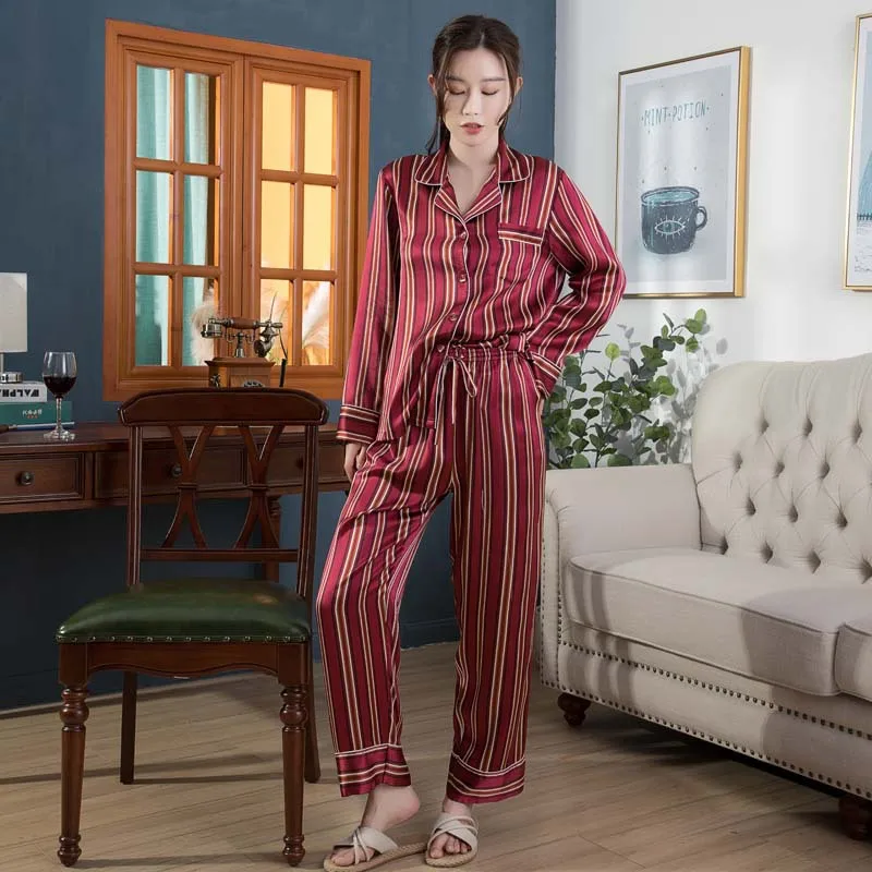 Silk Pajamas Stripe Long Sleeve Two-Piece 100% Pure Silk Comfortable Tracksuit