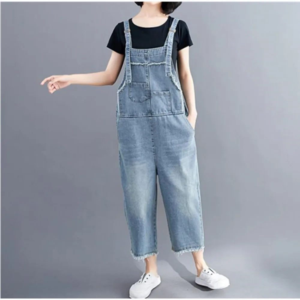

Women’s Loose Jeans Overalls Bib Denim Jumpsuits Pocket Straight Wide Leg Baggy Pants Blue Denim Suspender Dungaree For Women