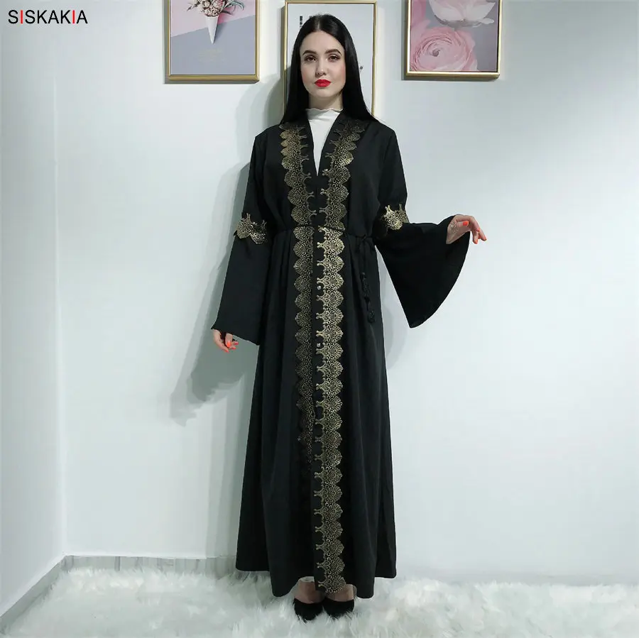 Siskakia мусульманское платье абайя черное Горячее тиснение печать открытые платья для женщин Арабский Кимоно размера плюс расклешенный рукав с поясом