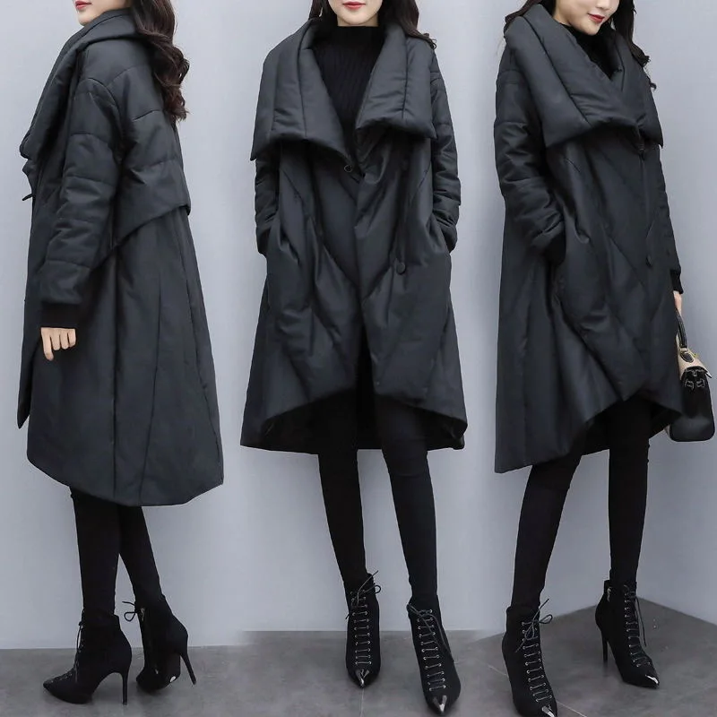 

2021 New Women's Winter Loose Large Size Mid-length Women's Black Thin Cloak Coat Jacket Thicken