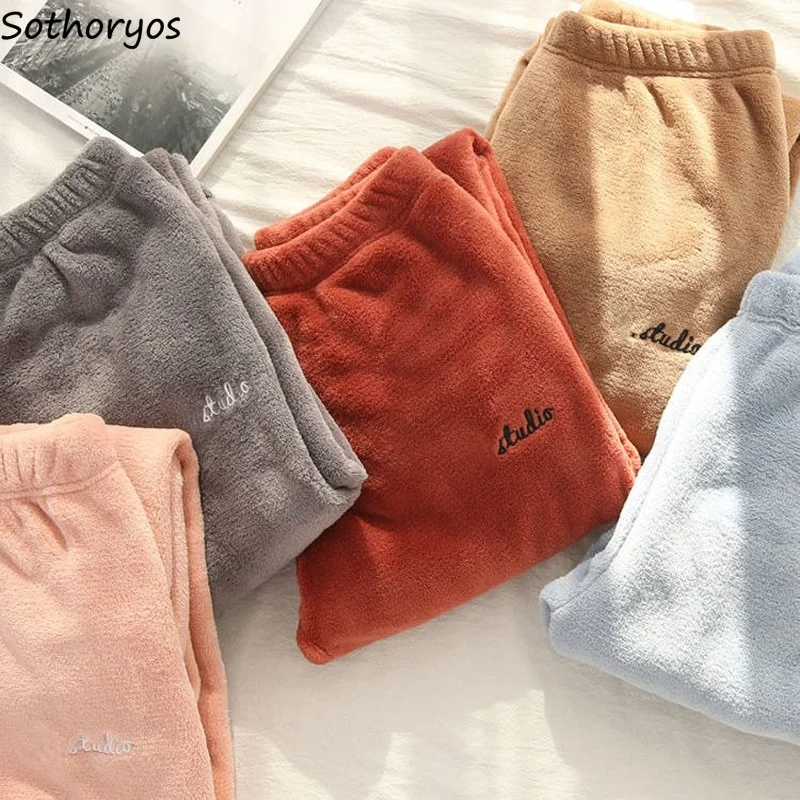 

Women Winter Sleep Bottoms Simple Thermal Trousers Female Elastic Waist Loose Nightwear Soft Plush Sleepwear Outdoor Windproof