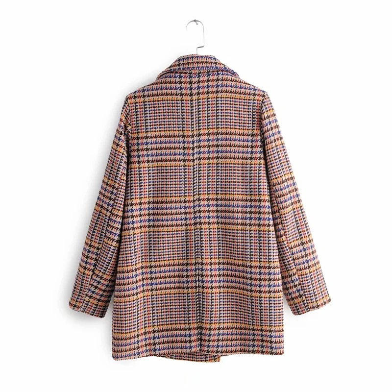 Женский твидовый пиджак в клетку Винтажный Длинный шерстяной с карманами теплая
