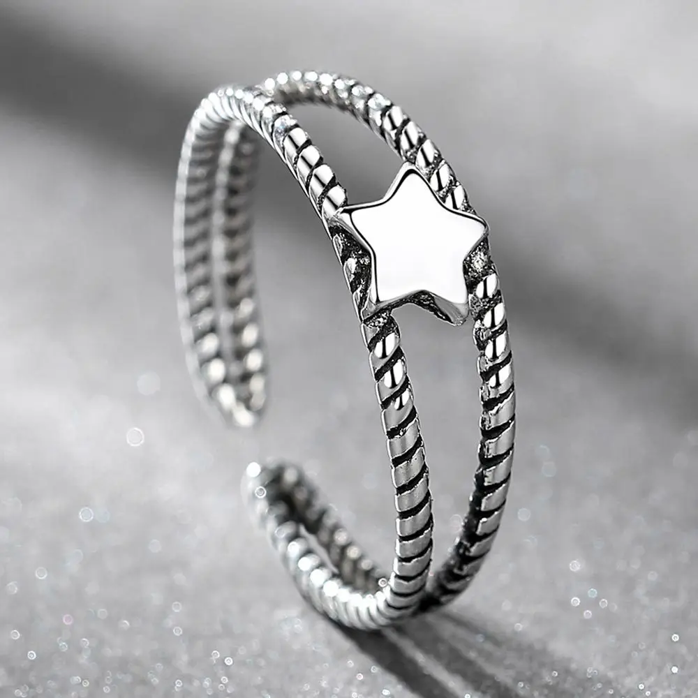 

925 Sterling Silver Ring High Quality Hollow Five-pointed Star Woman Fashion Jewelry Opening Adjustable Ring Thai Silver