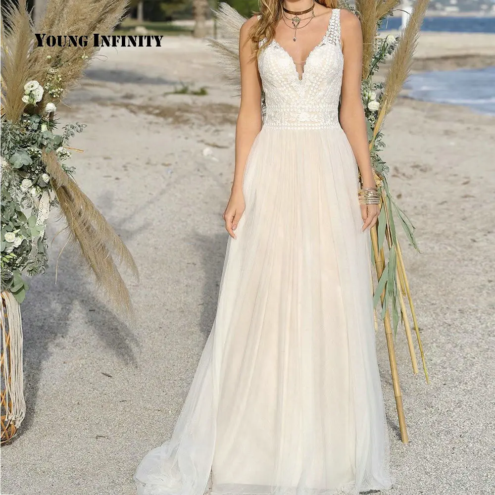 

New Arrival Beach V Neck Sleeveless Keyhole Boho Wedding Dress 2020 Sweep Train Appliques Lace Floor Length Bridal Gown