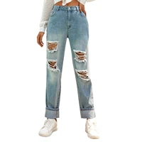 sexy ripped hole jeans spring women retro loose washed high waist jeans female fashion pockets zipper straight distressed jeans