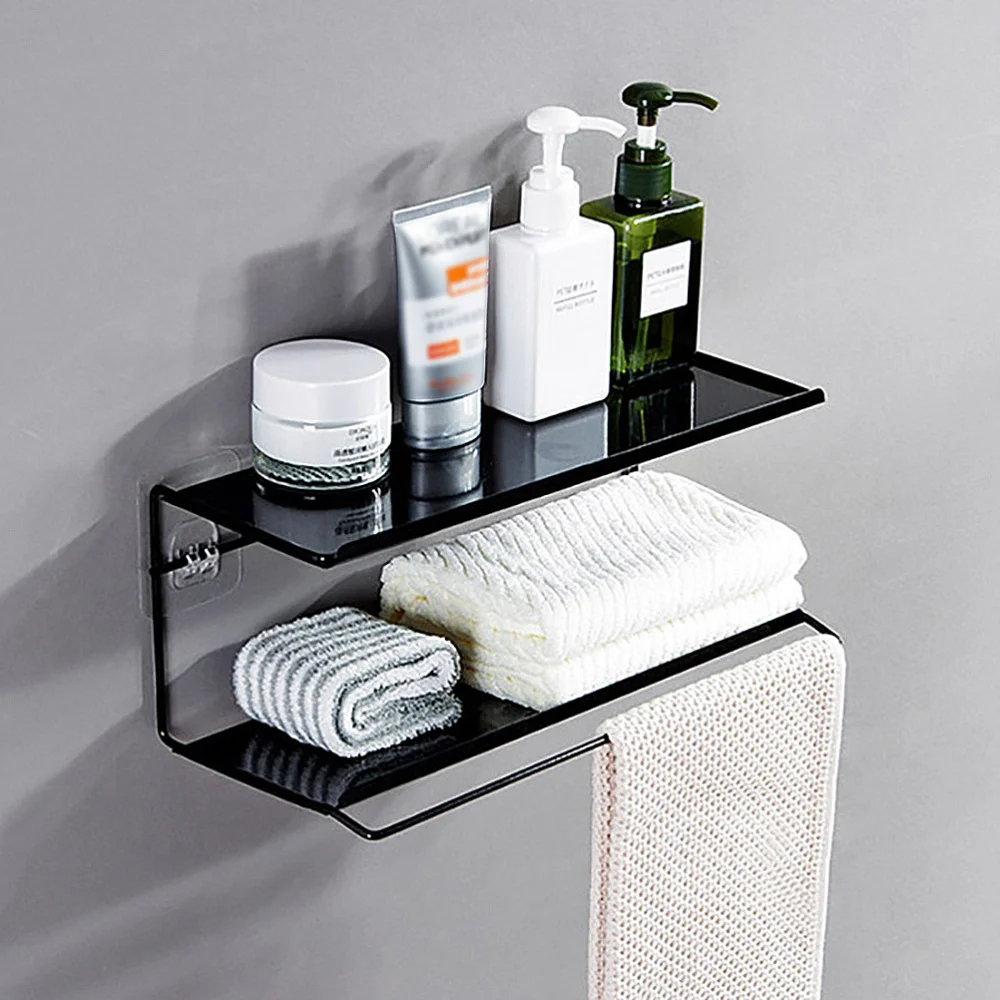 

1pc Trace Bathroom Shelf Double Storage Rack Free Punching Storage Shelf Towel Holder (Black)