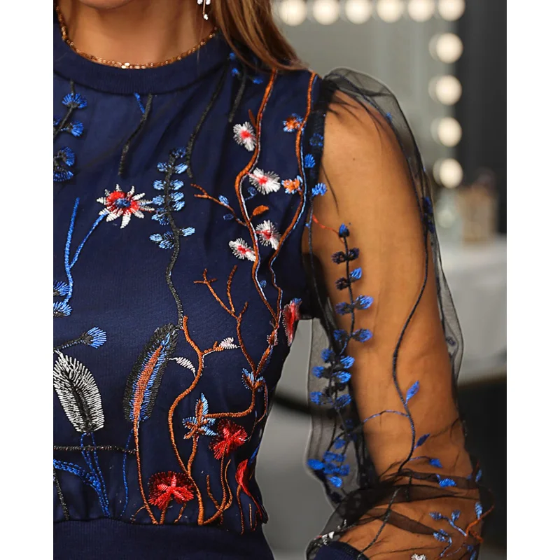 2020 Новая модная сетчатая блузка с цветочной вышивкой в стиле пэчворк |