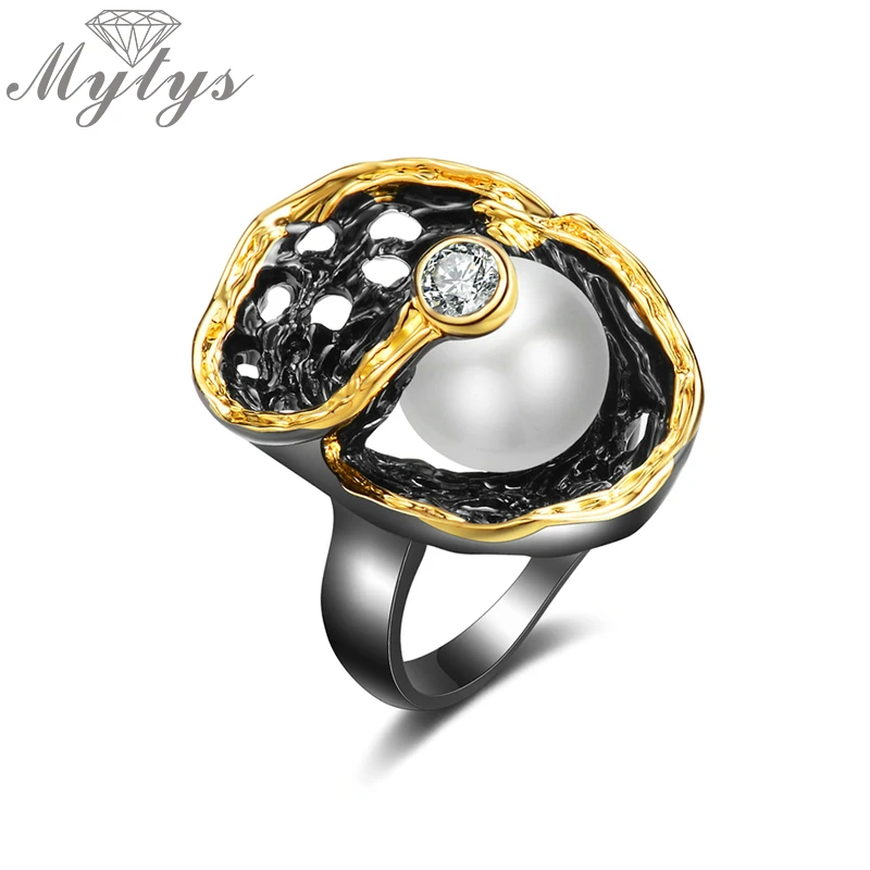 Mytys перламутровое кольцо для женщин, черный цвет, Винтажное кольцо, старинное Ювелирное кольцо, массивное кольцо, подарок R2163