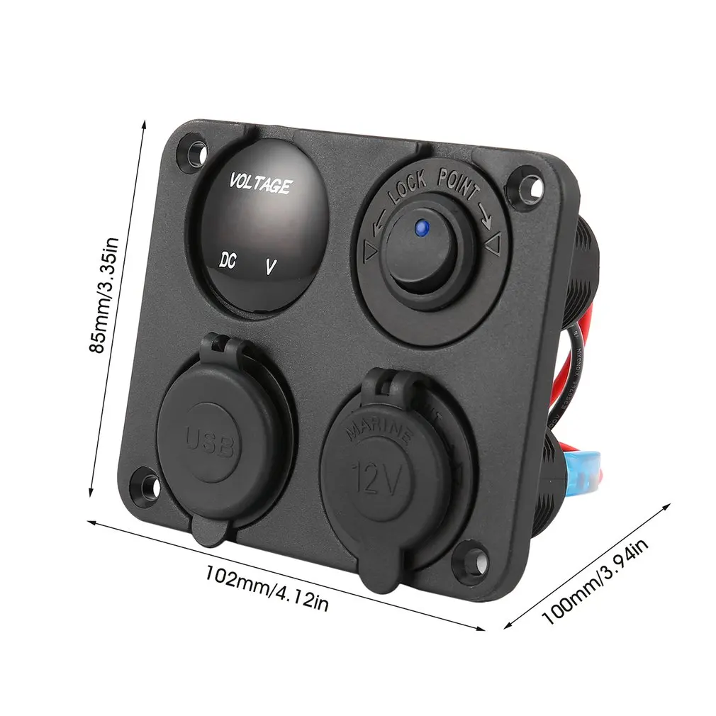 

Dual USB Ports Car Charger with LED Voltmeter + 12-24V Power Socket + On-Off Switch 4 in 1 Car Marine Boat LED Switch Panel