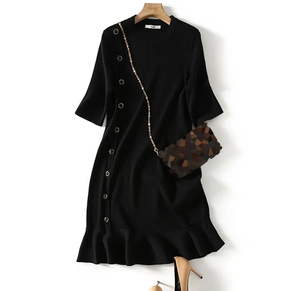 

Dress Single-breasted Mid-sleeve Slim-fit Fishtail Fashion Black Summer Women's Dress 2021 Suit Office Lady Sweet