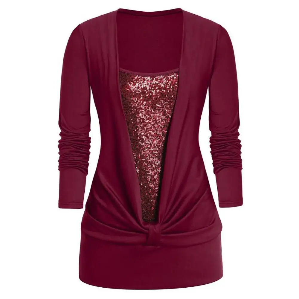 Блузка женская с длинным рукавом блестками и квадратным вырезом батальных