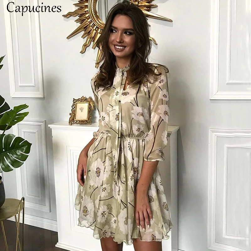 Женское шифоновое платье Capucines осеннее с цветочным принтом и бантом на шее