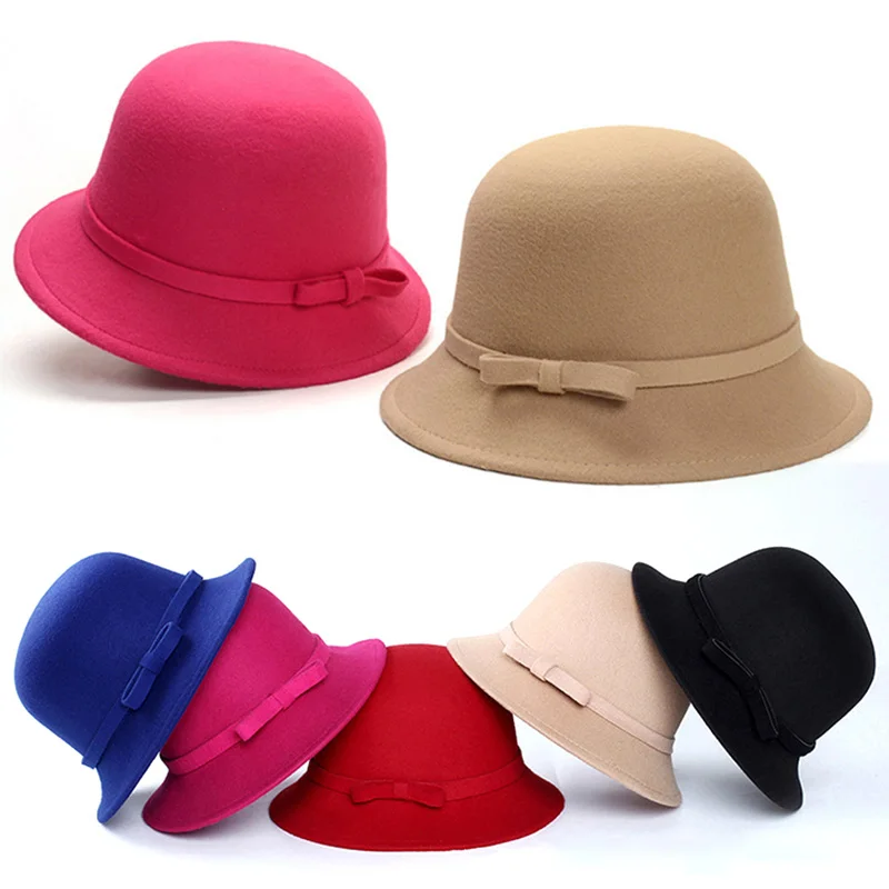 

шапка Warm Wool Felt Hats For Women Elegant All-Match Bow Bucket Cap Top Hat Fashion Retro British Knitted Basin Hat Autumn