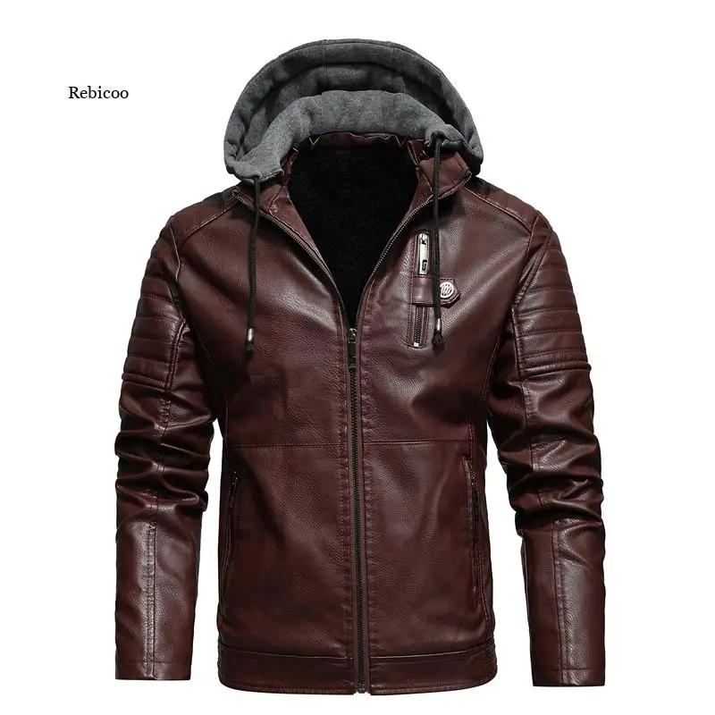 

Men's Hooded PU Jacket Mens Winter Autumn Thick Motorcycle Leather Jacket Casual Windproof Leather Coat Male