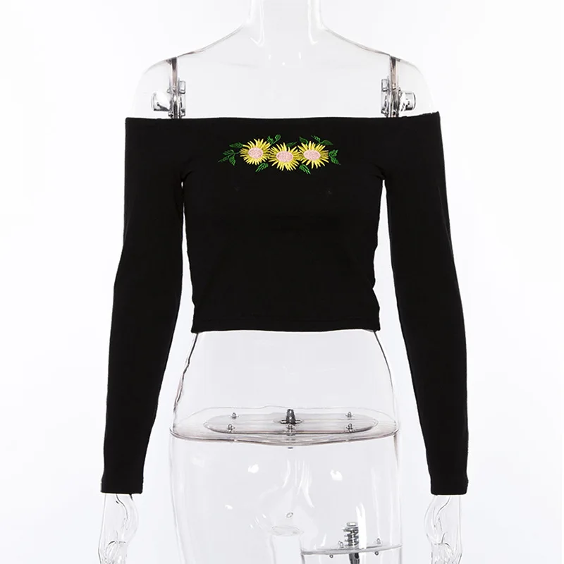 Новая мода 2020 Осень цветочный принт с длинным рукавом Slash шеи короткая футболка