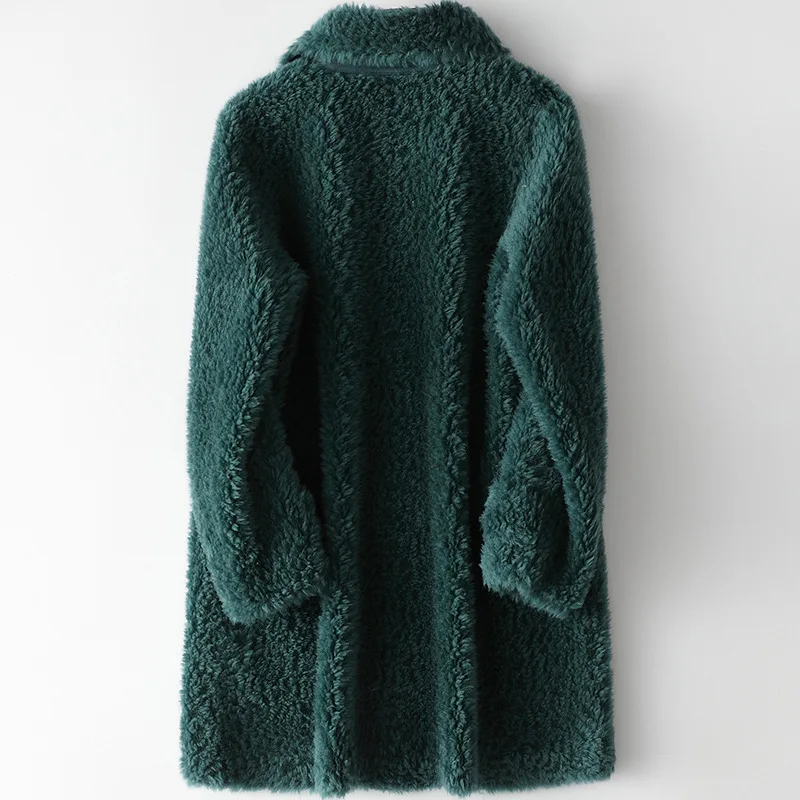 New Winter Real Sheep Coats Mid-length Dark Green Jackets Single Breasted Overcoats Women Turn-down Collar Overcoats Office Lady