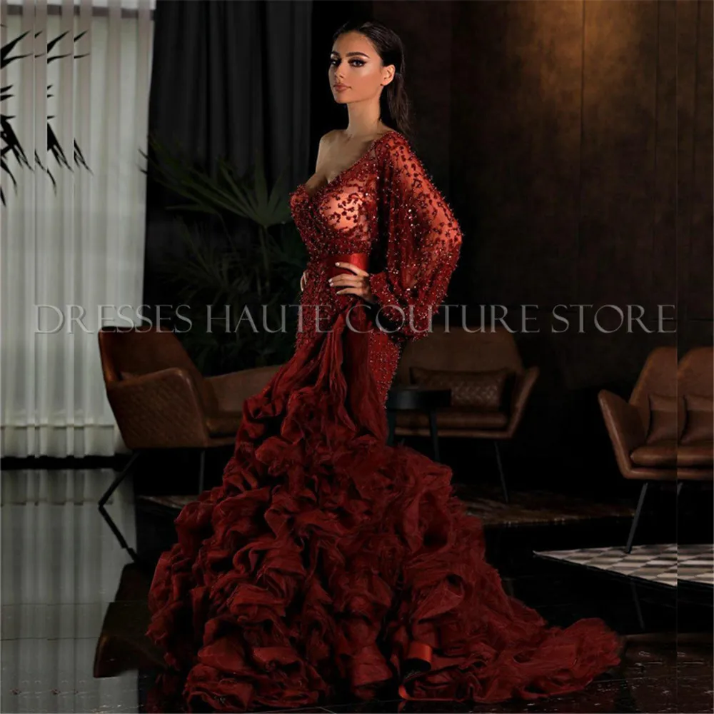 

Sexy Burgundy One Shoulder Mermaid Evening Dresses Long Sleeve Beaded Ruffles Tier Tulle Skirt Celebrity Gown