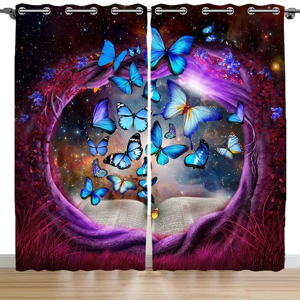 

Шторы блэкаут с фиолетовыми отверстиями для дерева, современные оконные драпировки с синими бабочками для гостиной, спальни