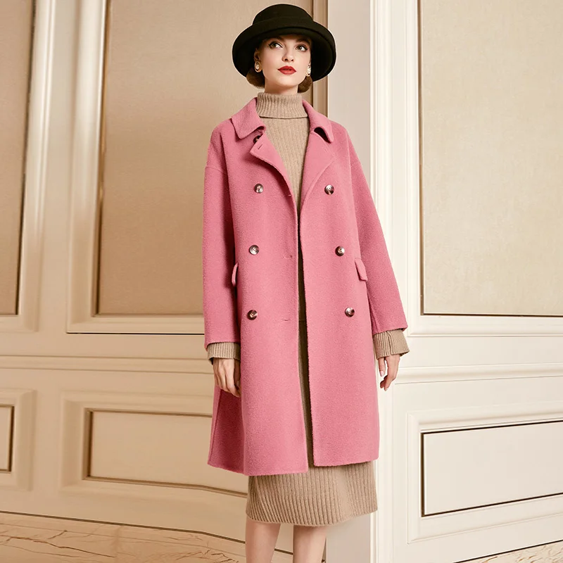 

SHZQ 2021 Autumn and Winter New Pink Double-sided Cashmere Coat Women's Medium Long Doll Neck Wide Tweed Coat
