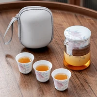 portable handmade lily flower art ceramic teaset 1 pot 3 ccups heat resistant glass cups with strainers travel outdoor drinkware