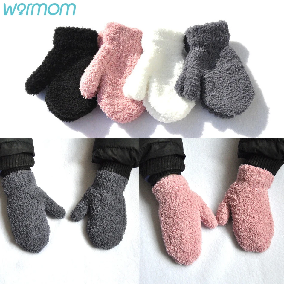 Warmom-guantes de felpa Coral para ni&ntilde;os de 1-4 a&ntilde;os, guantes bonitos de dedos completos, c&aacute;lidos y a prueba de viento, para invierno-0