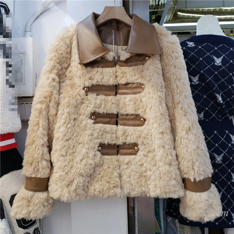 

Plush Short Faux Fur Coat Cotton Clothes Women's Autumn Winter Thickened New Motorcycle Jacket Lamb Wool Patch Pu Cotton-Padded