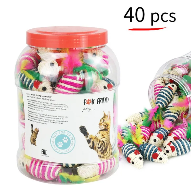 

35-70 /Buckets Pet Funny Cat Ball Toys Cat Sisal Feather Mouse Toys In Random Colors