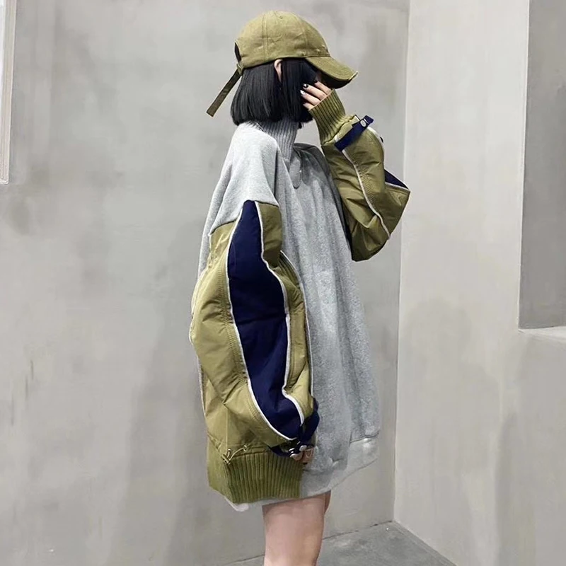 

VGH High Street Sweatshirts For Women Turtleneck Batwing Long Sleeve Patchwork Hit Color Pullovers Female 2021 Spring Clothing