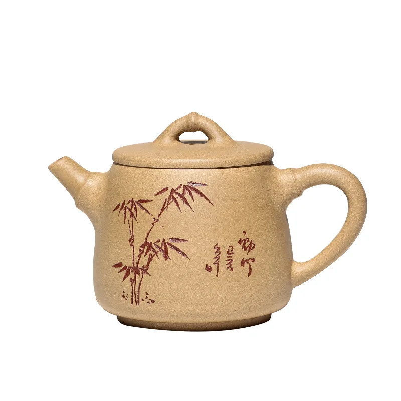 

Yixing purple clay pot with bamboo leaves carved by hand