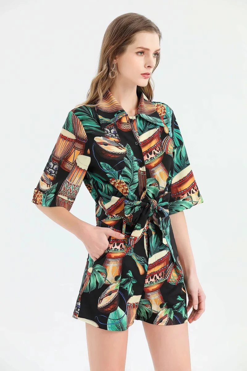 

Sexy Sets 2020 Spring Summer Casual Ladies African Prints Crop Tops+Green Leaves Print Shorts Set Two Piece