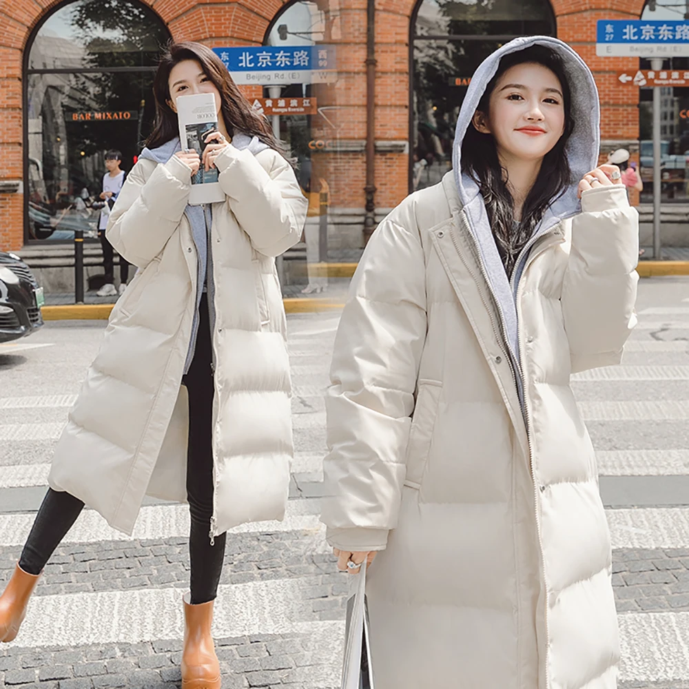 PinkyIsBlack 2021 Long Winter Coat Women Spliced Hooded Down Parka Ladies New Warm Winter Jacket Women Loose Jacket Coat Clothes