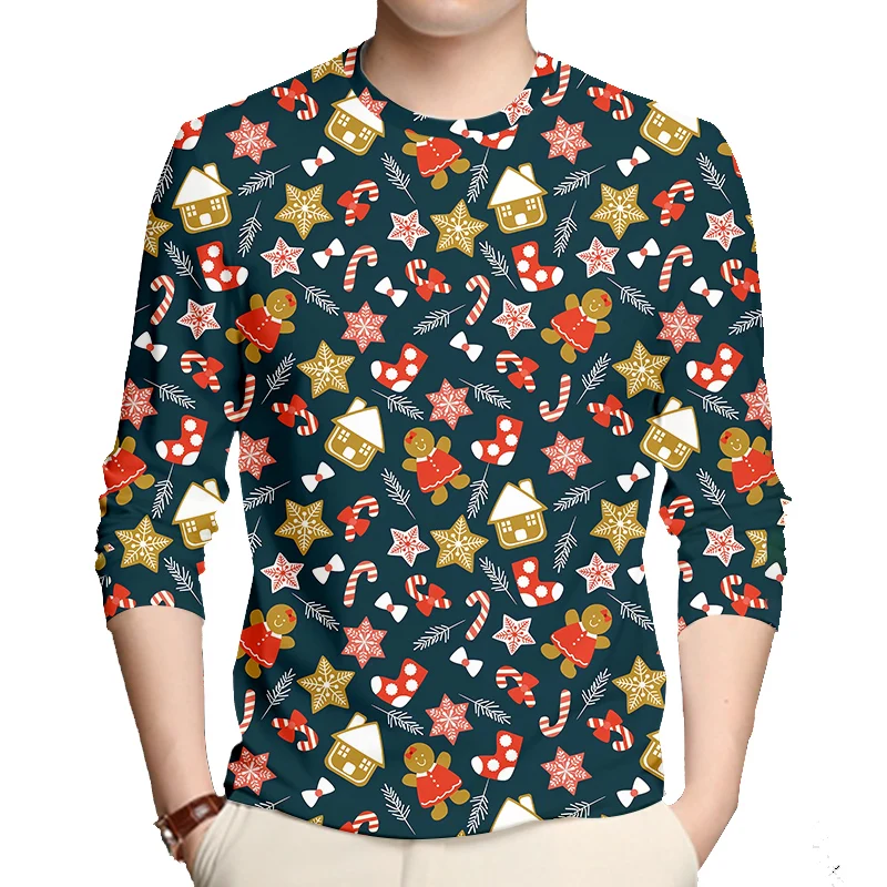 

CJLM New Men's Shirt Christmas Candy Doll 3D Printed Long Sleeve Sweatshirt Snowflake Men's Gift Box Comfortable Top Oversize