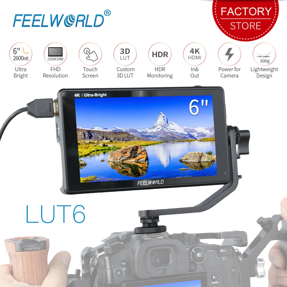 

FEELWORLD LUT6 6 Inch Ultra Bright 2600nits HDR 3D LUT Touch Screen Field DSLR Monitor 4K HDMI Full HD 1920x1080 IPS for Camera